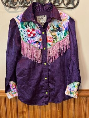 Rusty Spur Ranch Diggs Purple Multicolor Girls Western Snap Shirt Fringe M